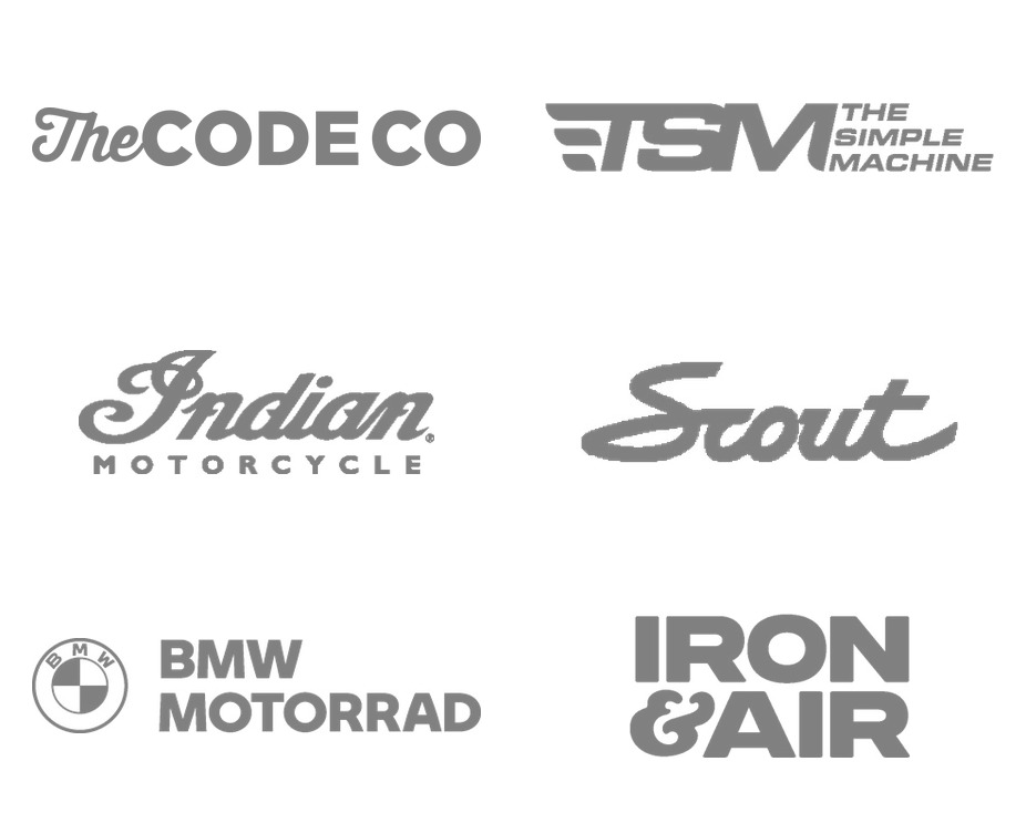 Logos of The Code Co, The Simple Machine, Indian Motorcycle, Scout Motors, BMW Motorrad and Iron & Air Media
